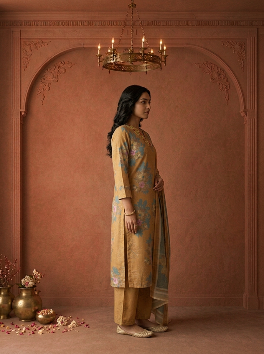 Mustard Green Rayon Floral Printed Three Piece Set
