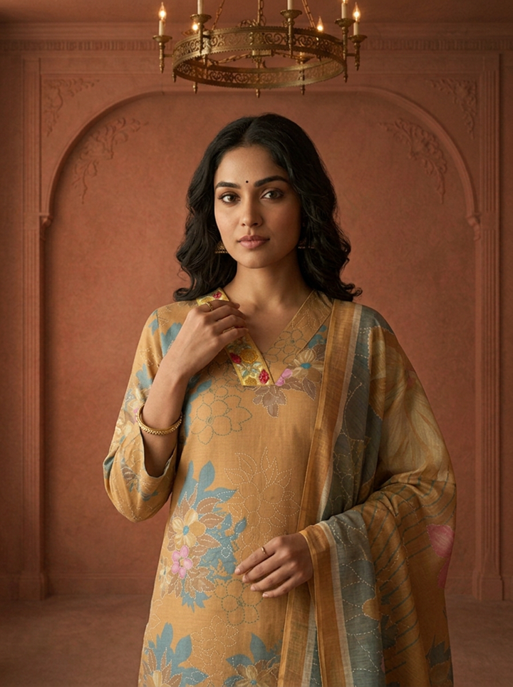 Mustard Green Rayon Floral Printed Three Piece Set