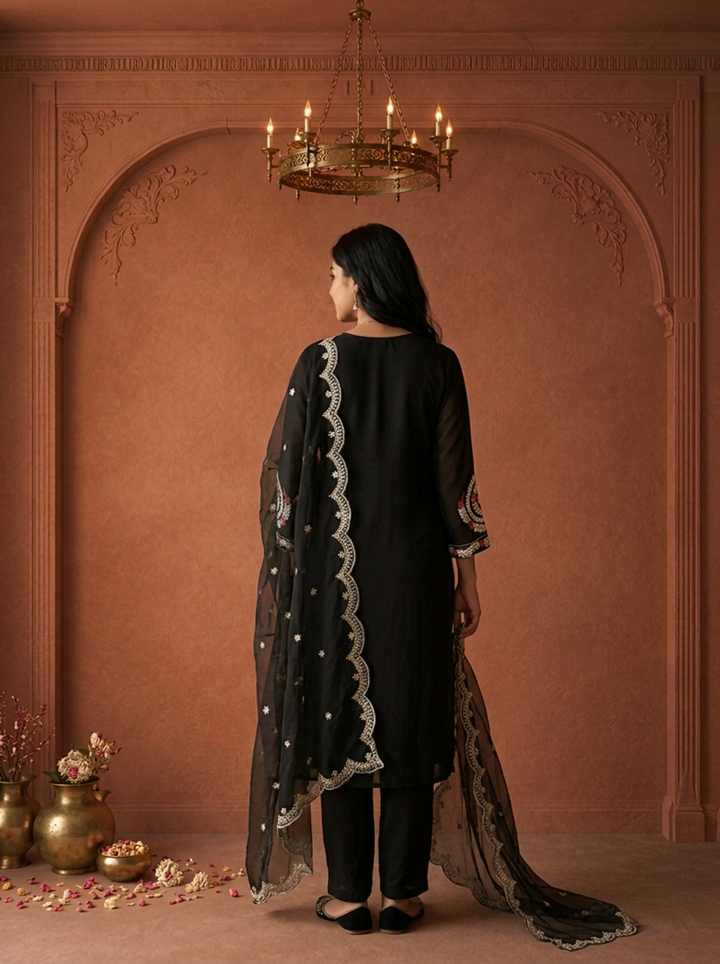 Black Crepe Solid With Paisley Embroidered Three Piece Set