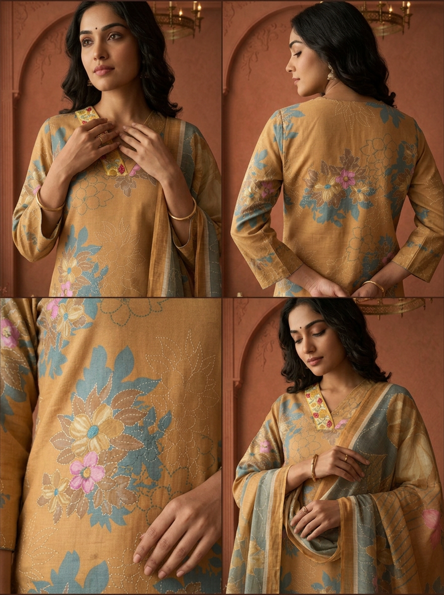 Mustard Green Rayon Floral Printed Three Piece Set