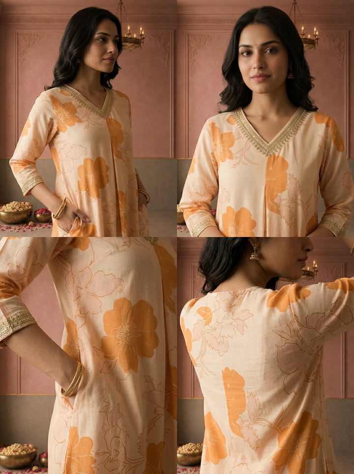 Cream Rayon Floral Printed Three Piece Set
