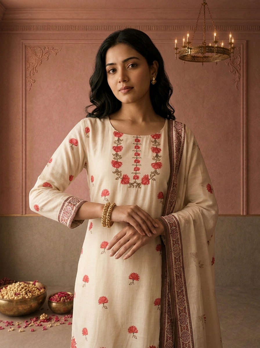 Cream Muslin Floral Buti Printed Three Piece Set