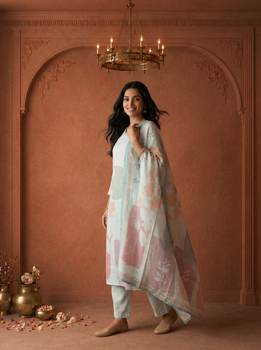 Aqua Linen Abstract Printed Three Piece Set