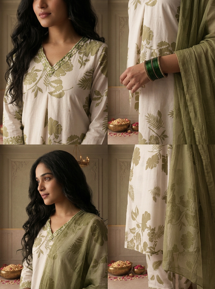 Mehadi Green Rayon Tropical Monstera Leaf Printed Three Piece Set