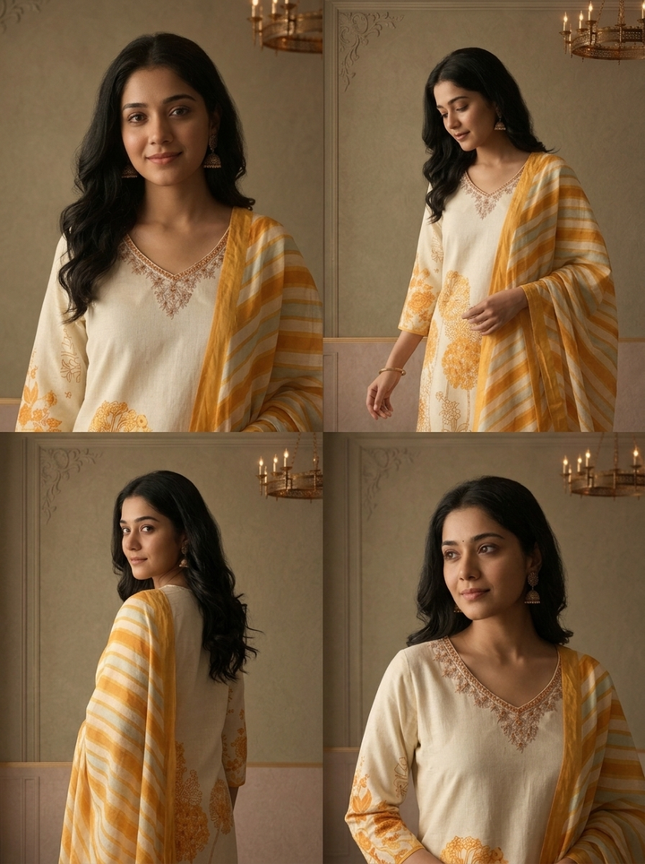 Gold Cotton Dandelion Floral Printed Three Piece Set