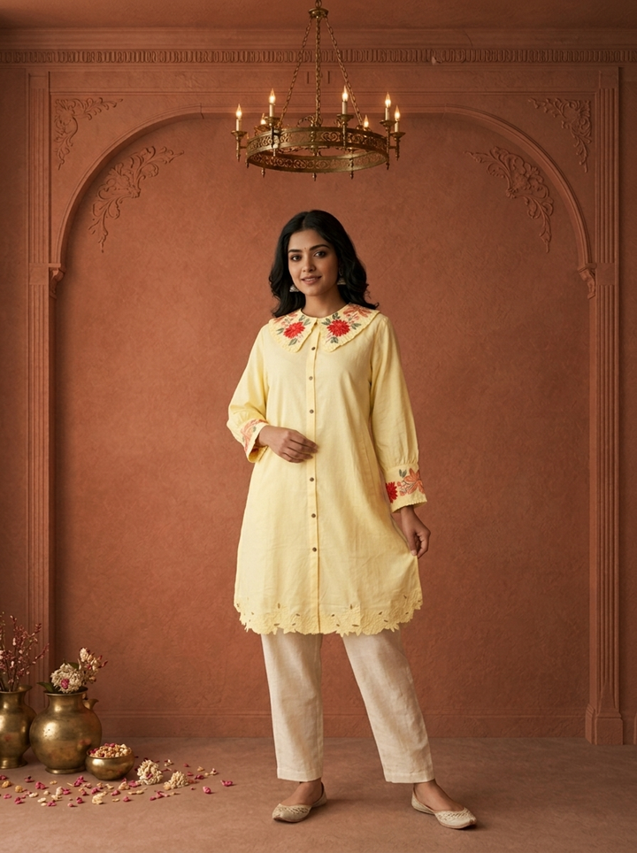 Yellow Cotton Solid With Floral Embroidered Kurta