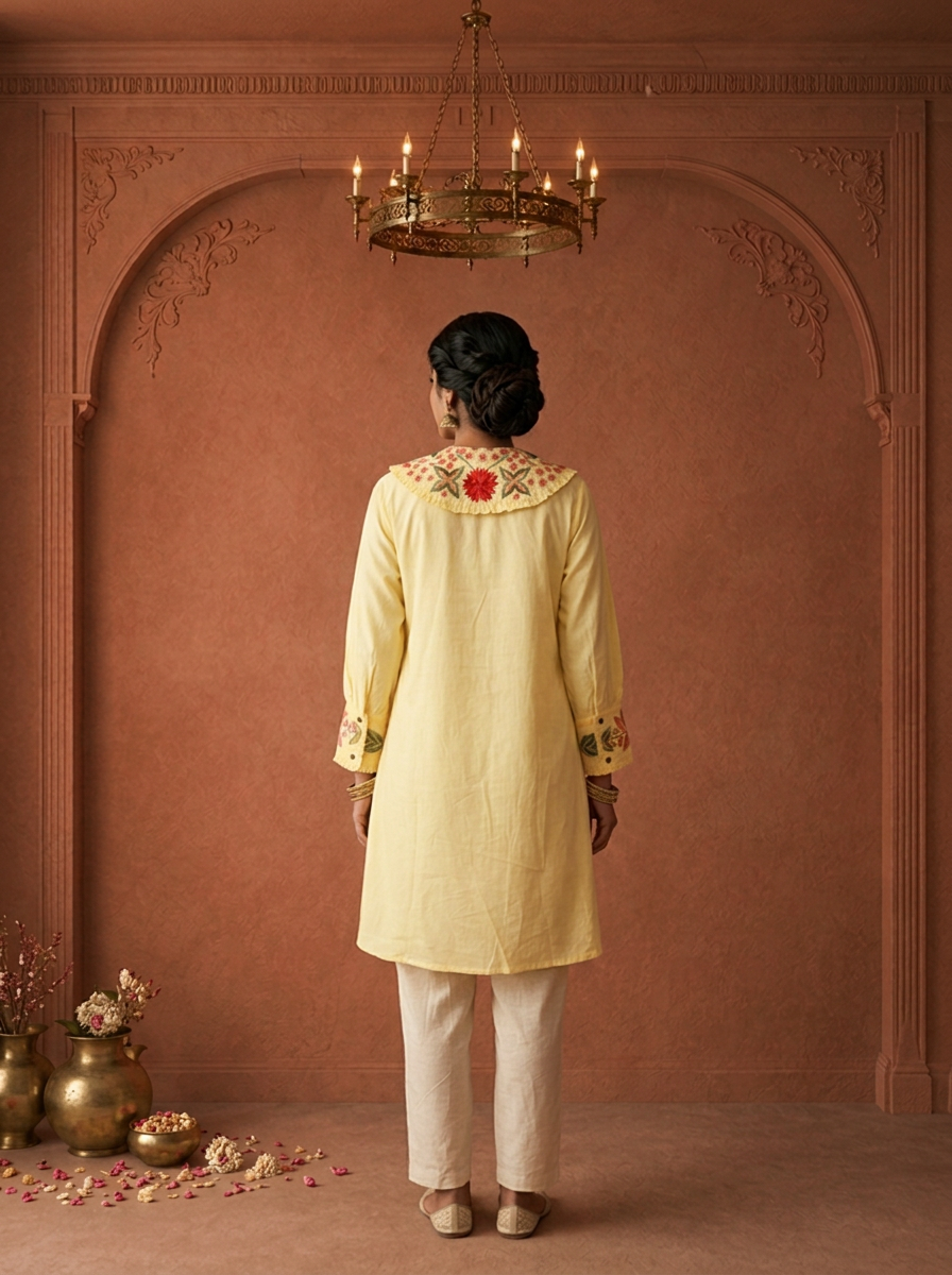 Yellow Cotton Solid With Floral Embroidered Kurta