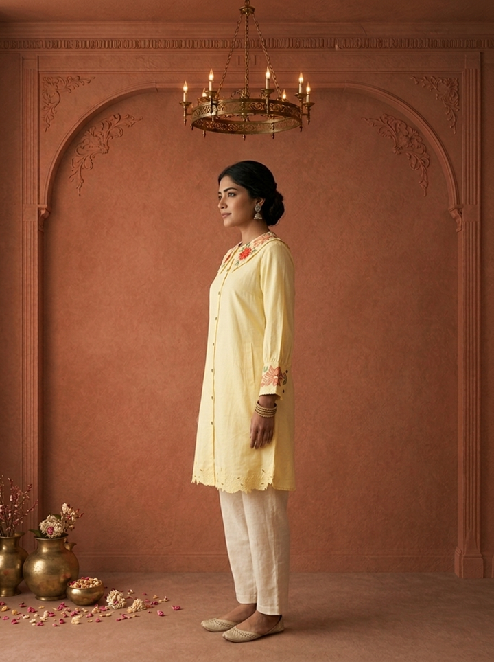Yellow Cotton Solid With Floral Embroidered Kurta