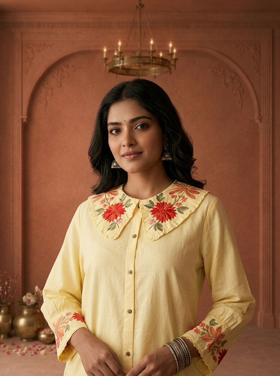 Yellow Cotton Solid With Floral Embroidered Kurta