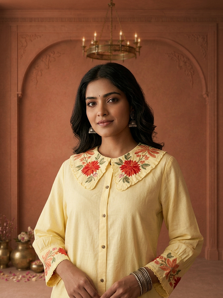Yellow Cotton Solid With Floral Embroidered Kurta