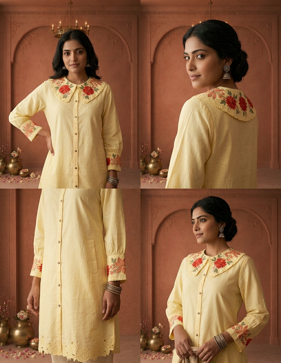 Yellow Cotton Solid With Floral Embroidered Kurta