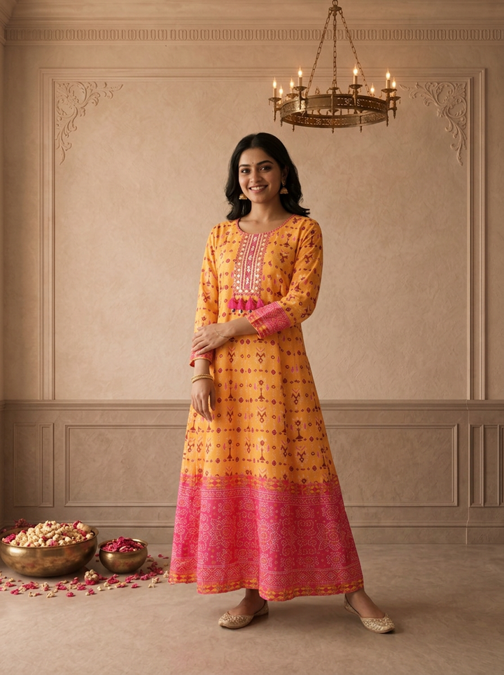 Mustard Silk Patola Printed Dress