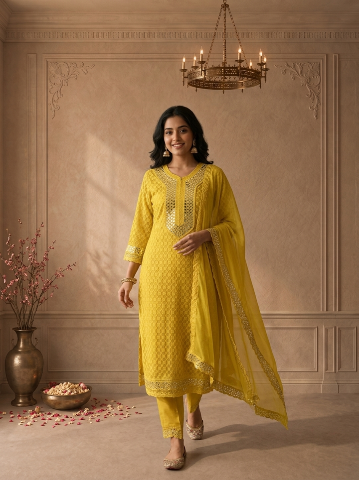 Mustard Green Georgette Thread Embroidered Three Piece Set