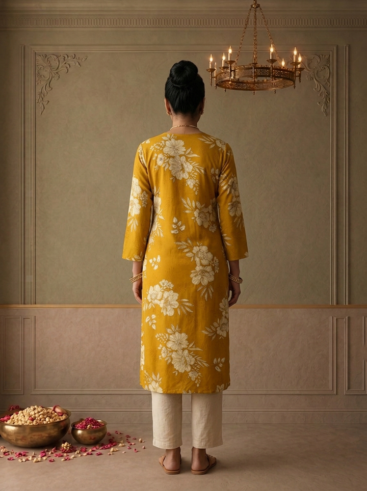 Mustard Rayon Bunch Floral Printed Kurta
