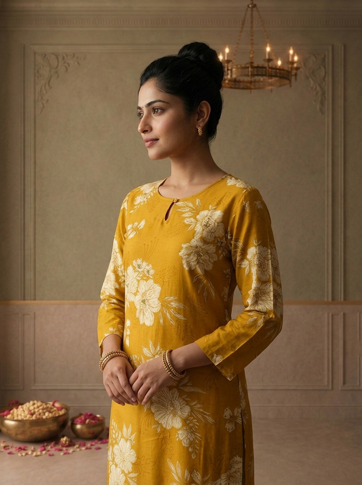Mustard Rayon Bunch Floral Printed Kurta