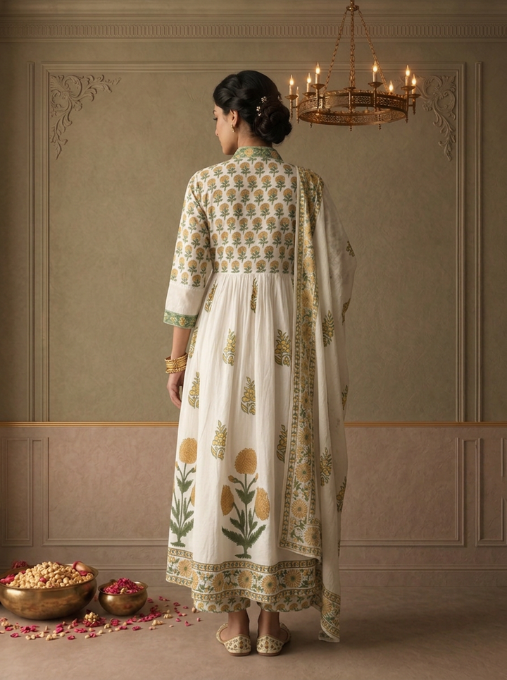 Off White Cotton Mughal Buti Printed Three Piece Set
