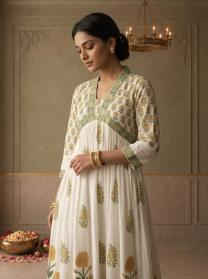Off White Cotton Mughal Buti Printed Three Piece Set