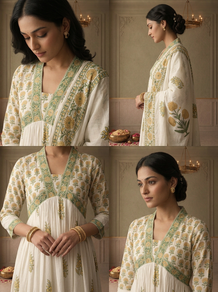 Off White Cotton Mughal Buti Printed Three Piece Set