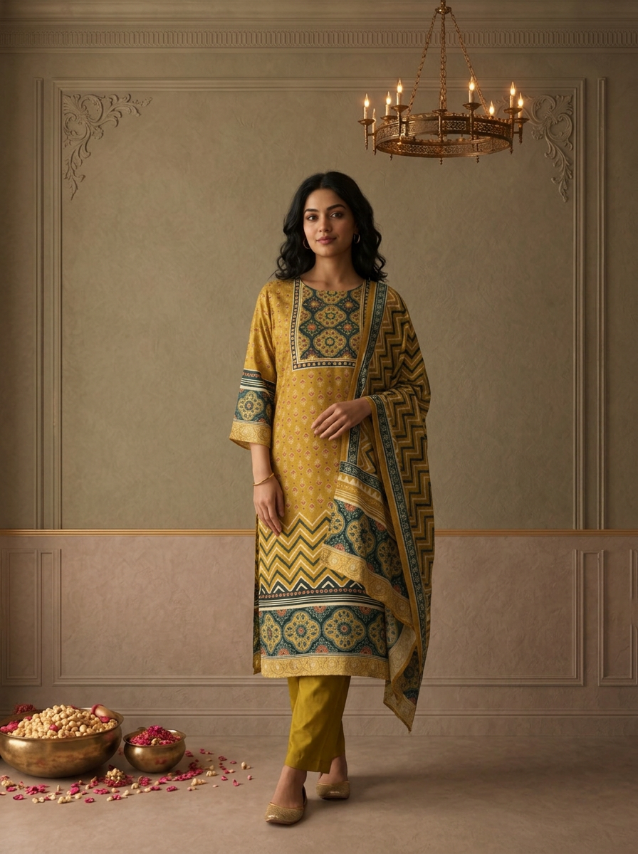 Mehadi Green Silk Ajrakh Printed Three Piece Set