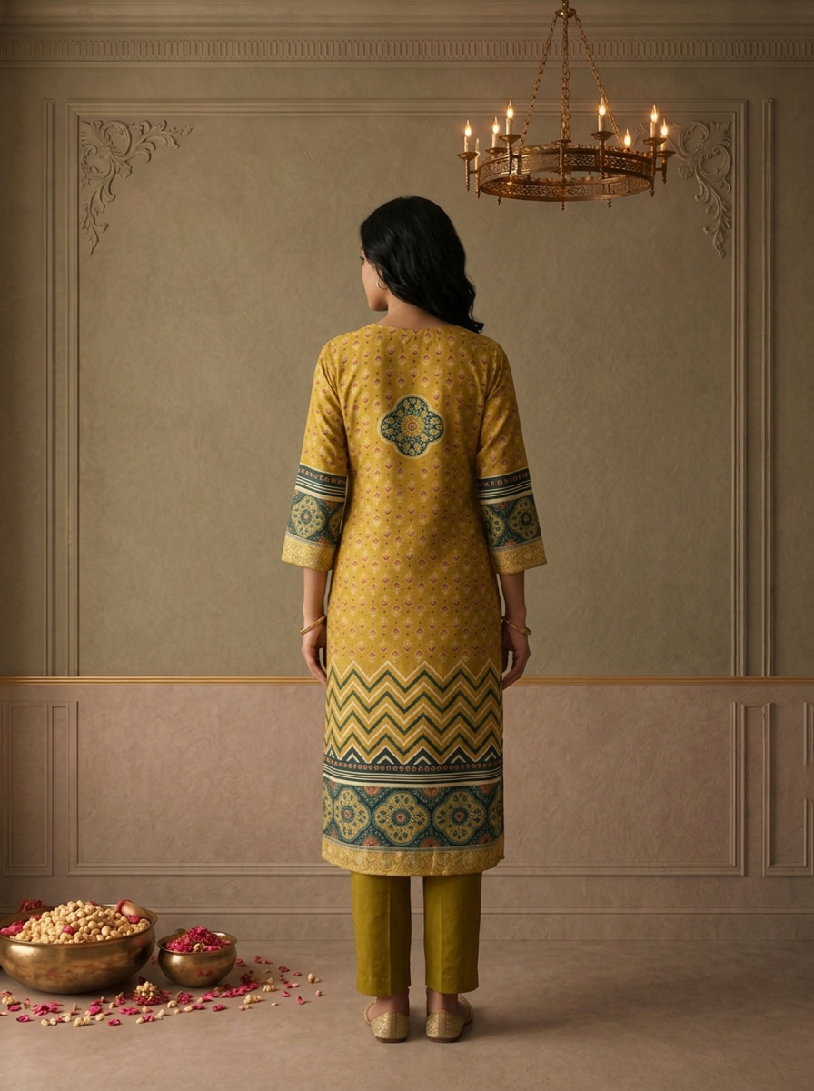Mehadi Green Silk Ajrakh Printed Three Piece Set