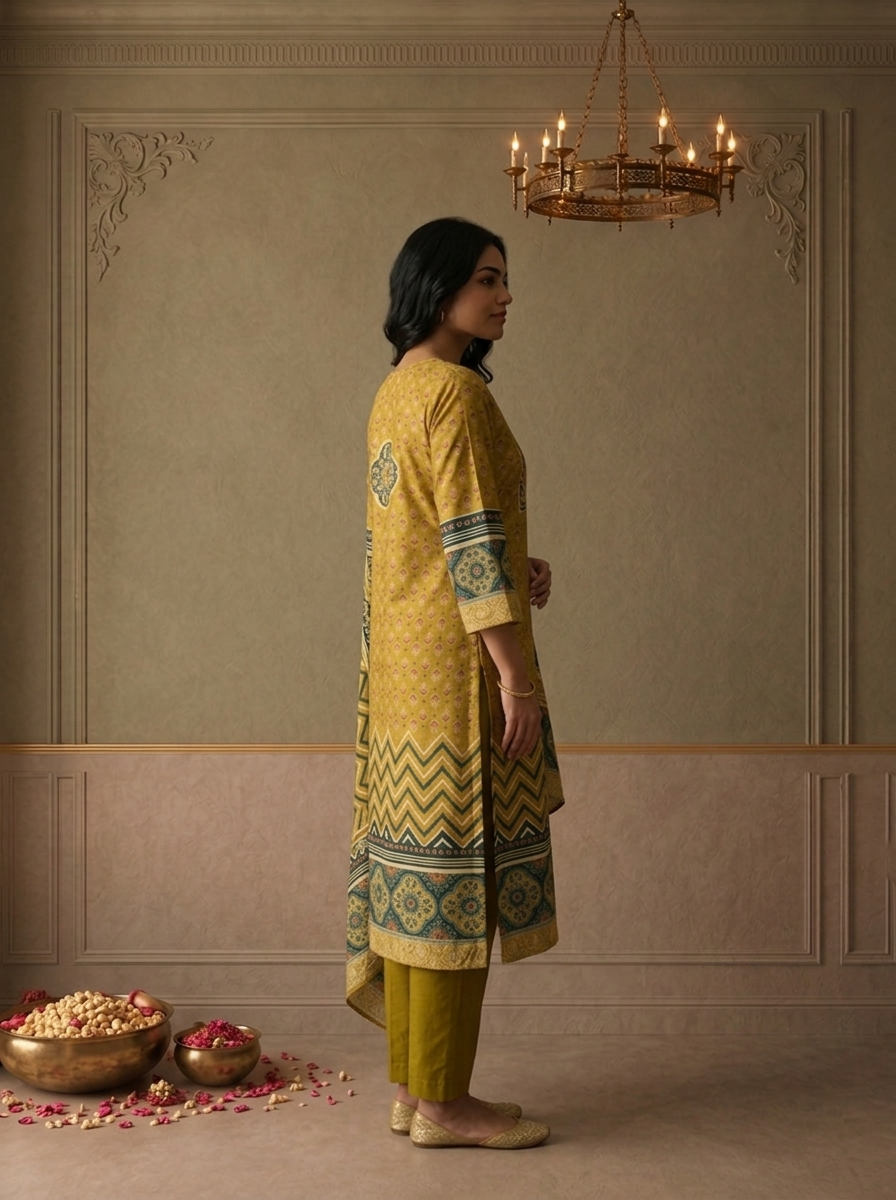 Mehadi Green Silk Ajrakh Printed Three Piece Set