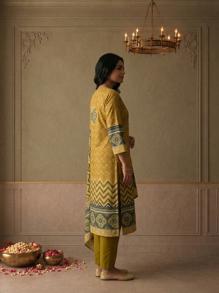 Mehadi Green Silk Ajrakh Printed Three Piece Set