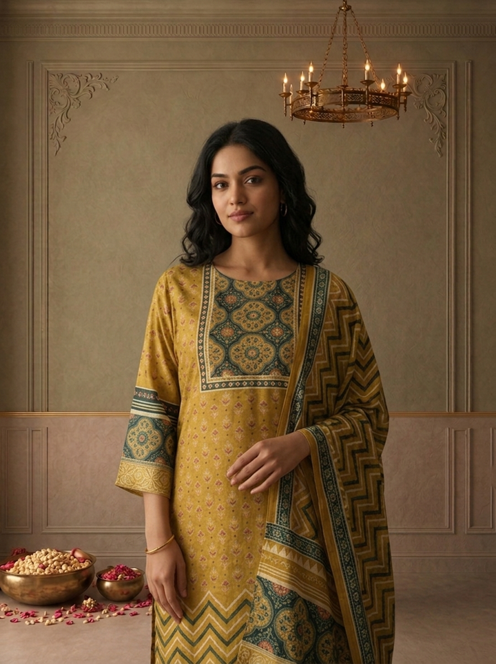 Mehadi Green Silk Ajrakh Printed Three Piece Set
