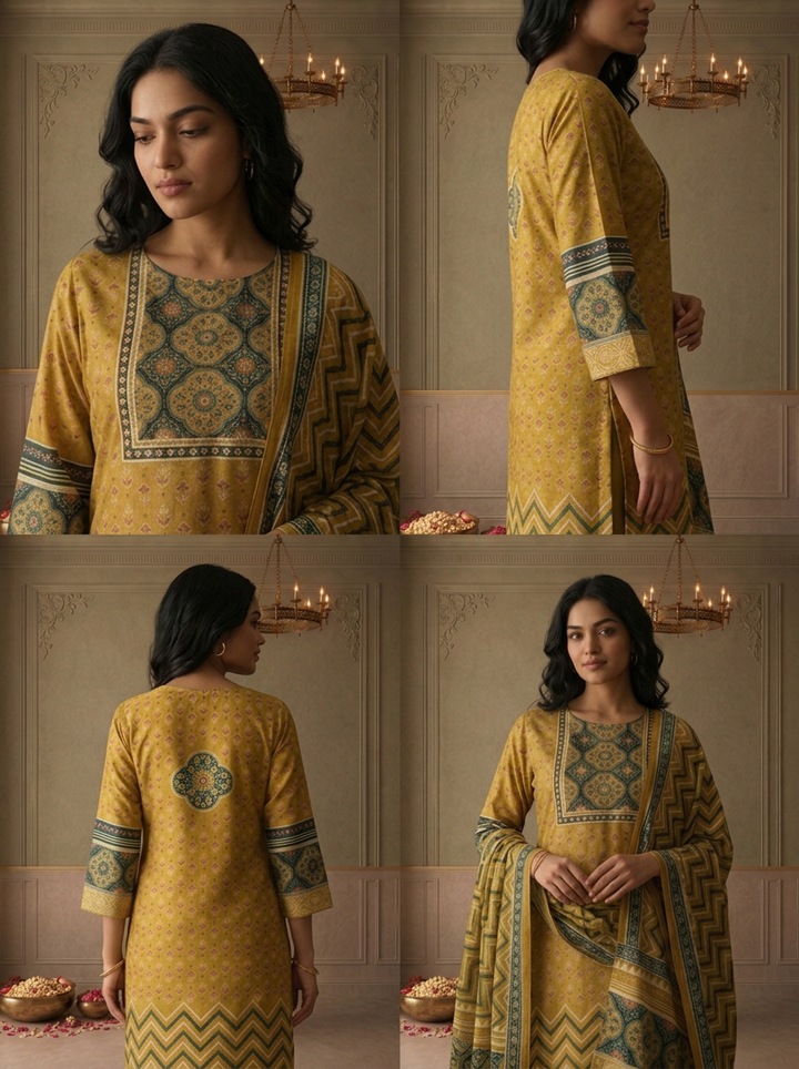 Mehadi Green Silk Ajrakh Printed Three Piece Set