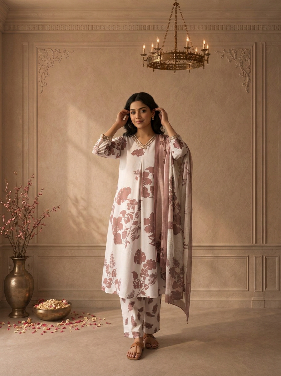 Brown Rayon Tropical Floral Printed Three Piece Set