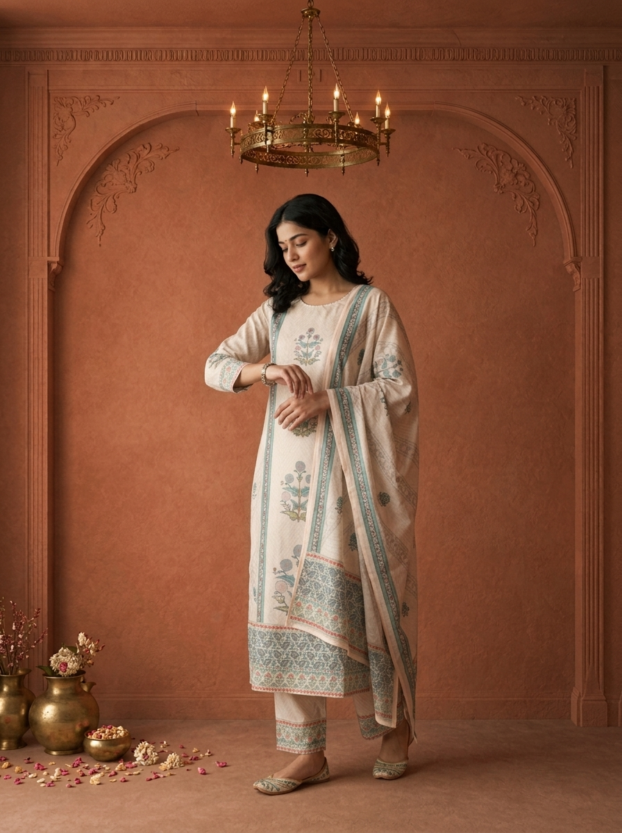 Beige Rayon Mughal Block Printed Three Piece Set