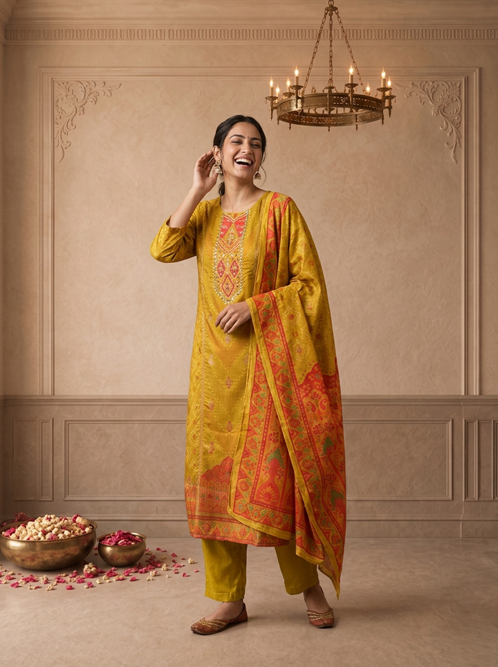 Mustard Muslin Ethnic Printed Three Piece Set