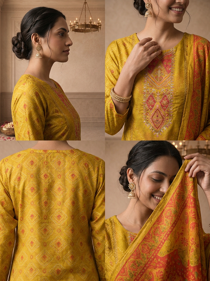 Mustard Muslin Ethnic Printed Three Piece Set