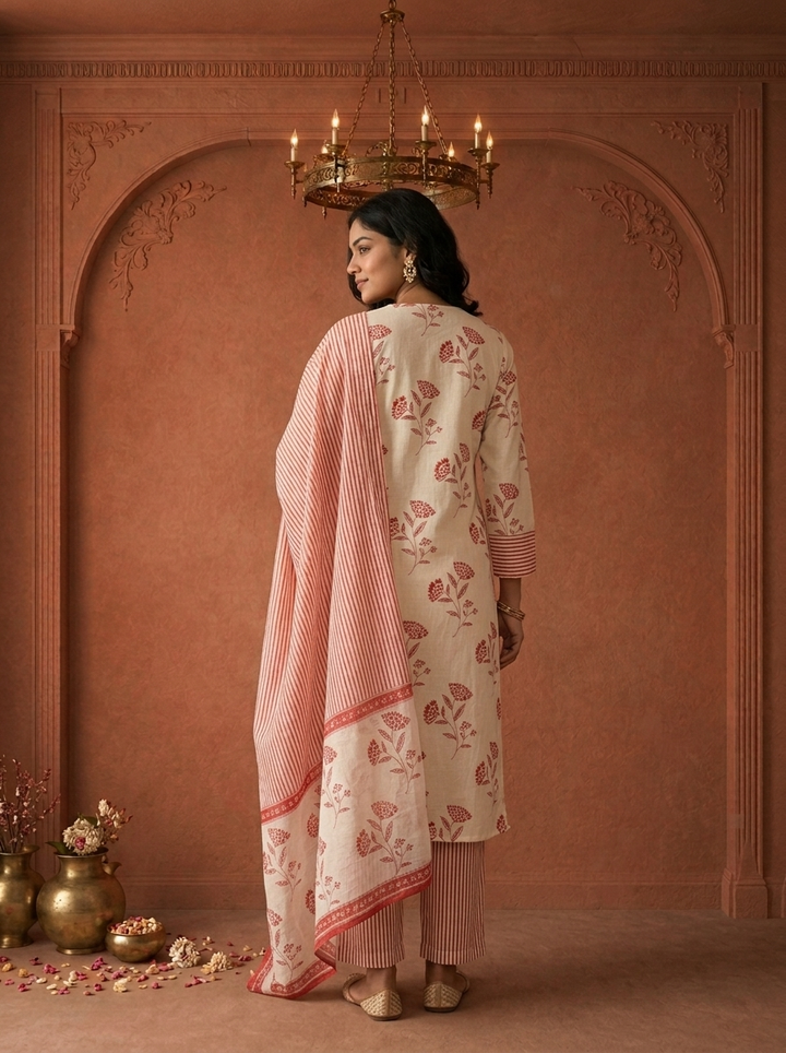 Red Cotton Floral Buta Block Printed Three Piece Set