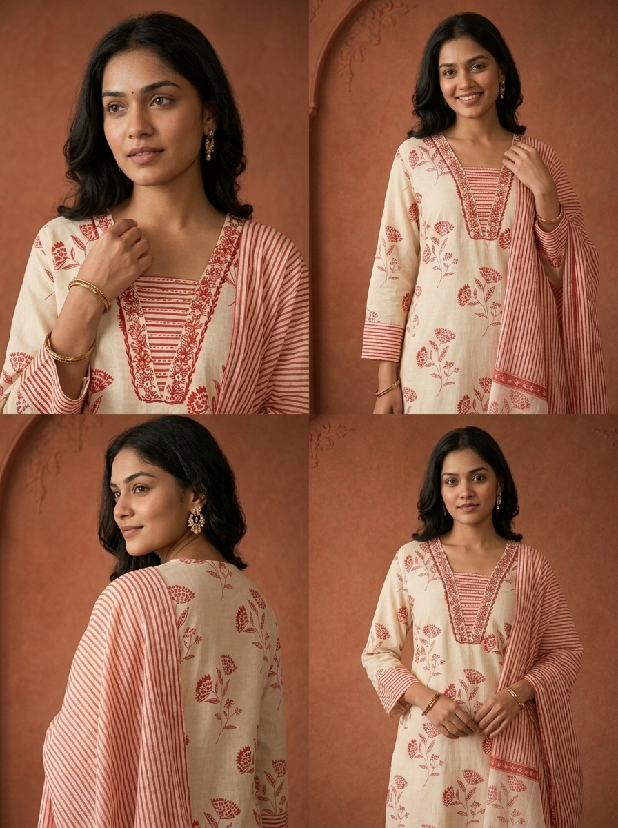 Red Cotton Floral Buta Block Printed Three Piece Set