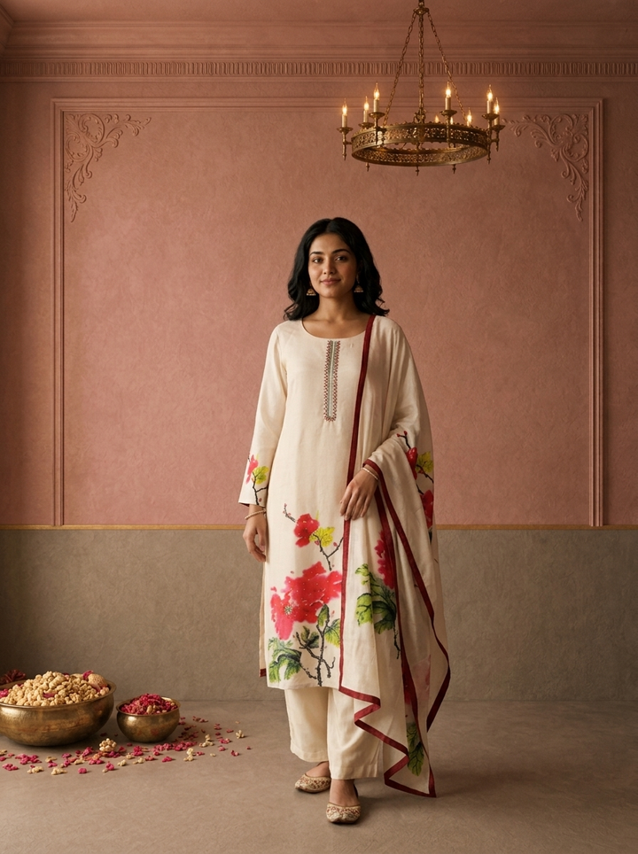 Cream Muslin Hand Painted Floral Printed Three Piece Set