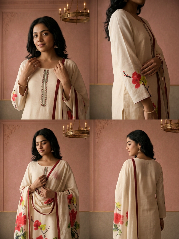Cream Muslin Hand Painted Floral Printed Three Piece Set