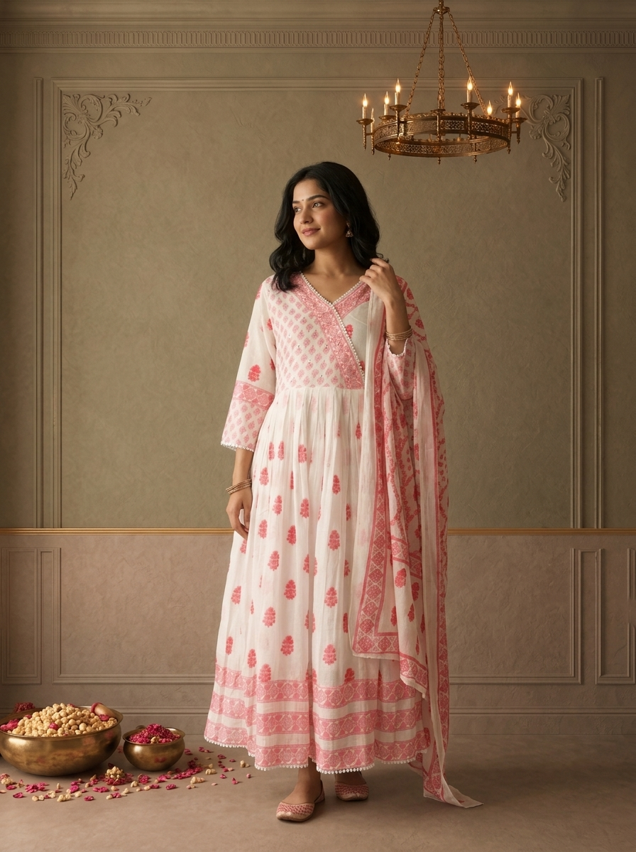 Pink Cotton Floral Buti Printed Three Piece Set