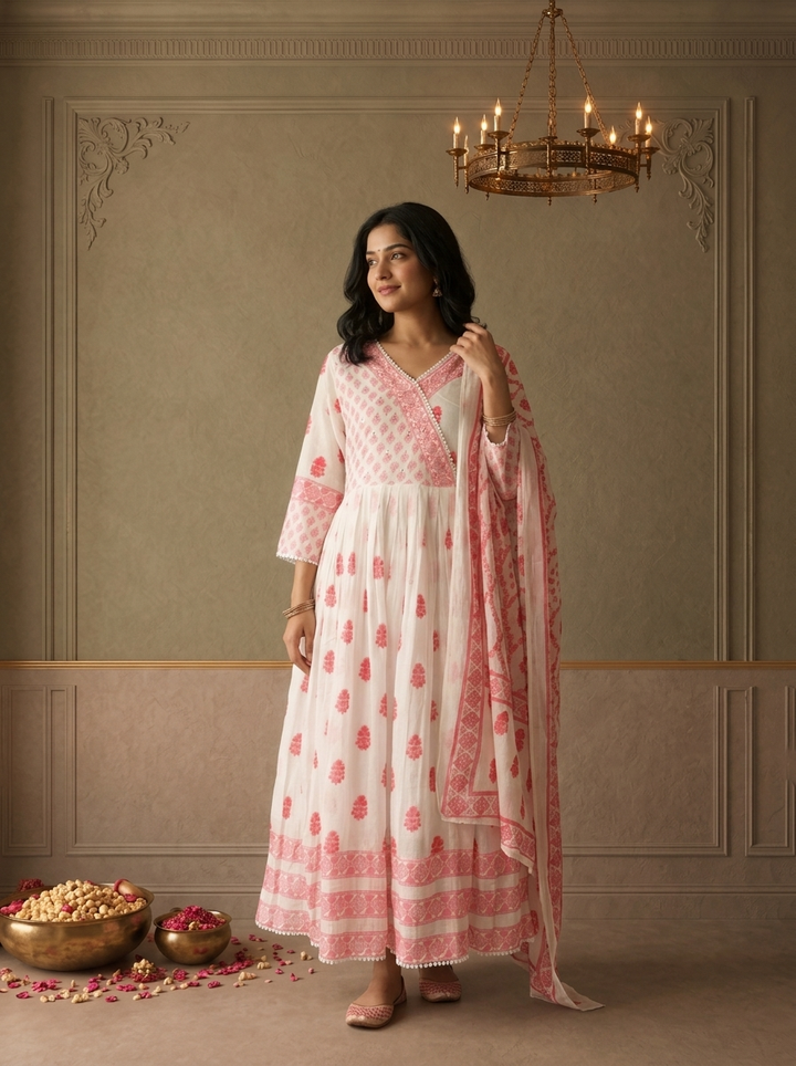 Pink Cotton Floral Buti Printed Three Piece Set