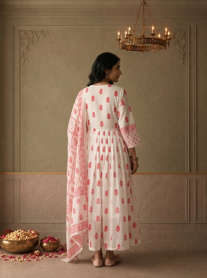 Pink Cotton Floral Buti Printed Three Piece Set