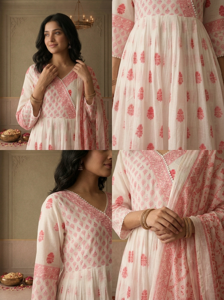 Pink Cotton Floral Buti Printed Three Piece Set