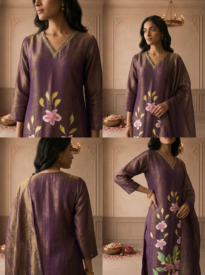 Wine Tissue Floral Hand Painted Printed Three Piece Set