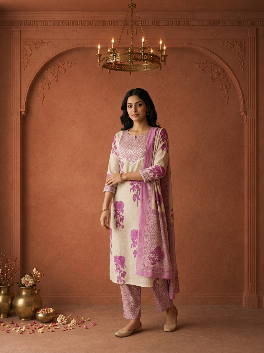 Purple Cotton Rose Block Printed Three Piece Set