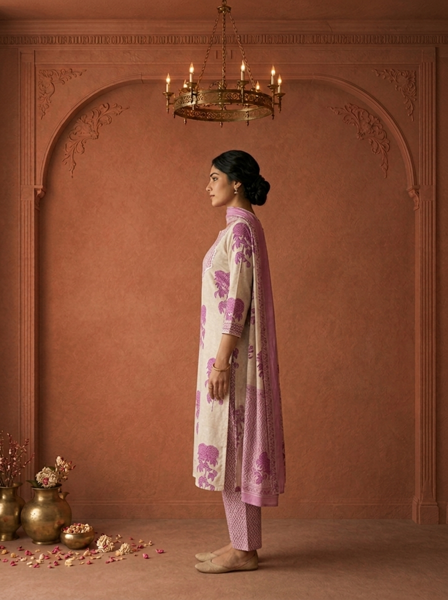 Purple Cotton Rose Block Printed Three Piece Set