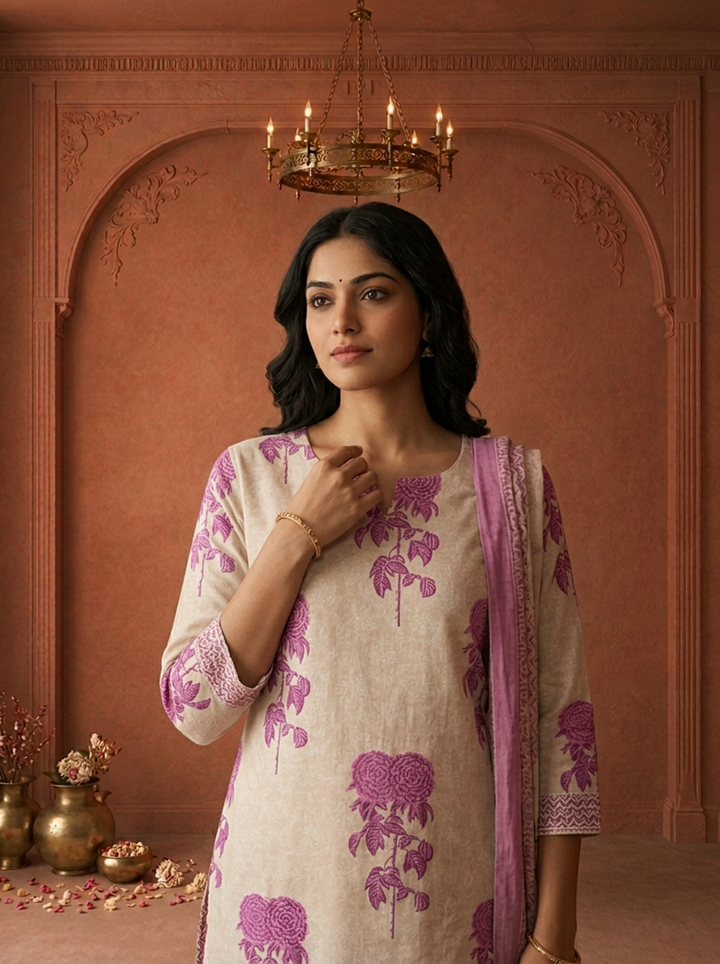 Purple Cotton Rose Block Printed Three Piece Set