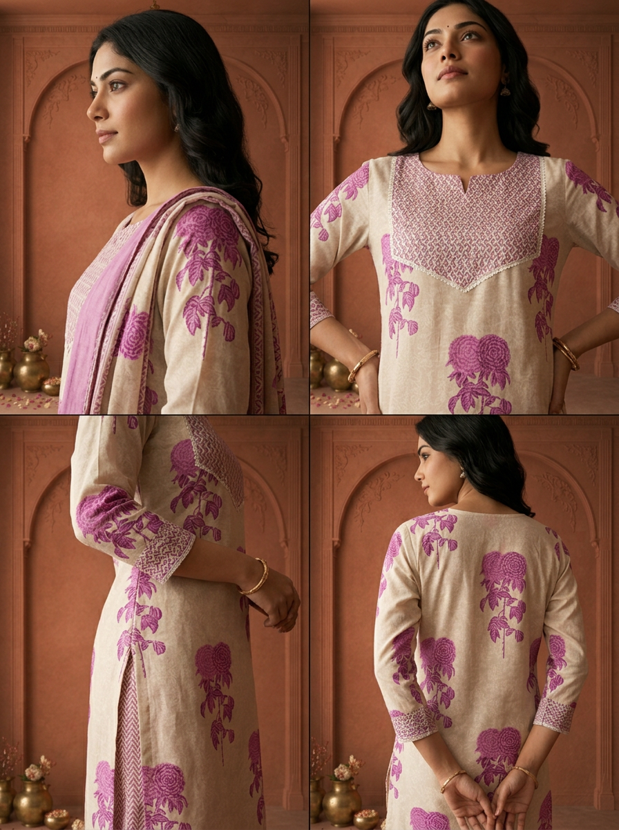 Purple Cotton Rose Block Printed Three Piece Set