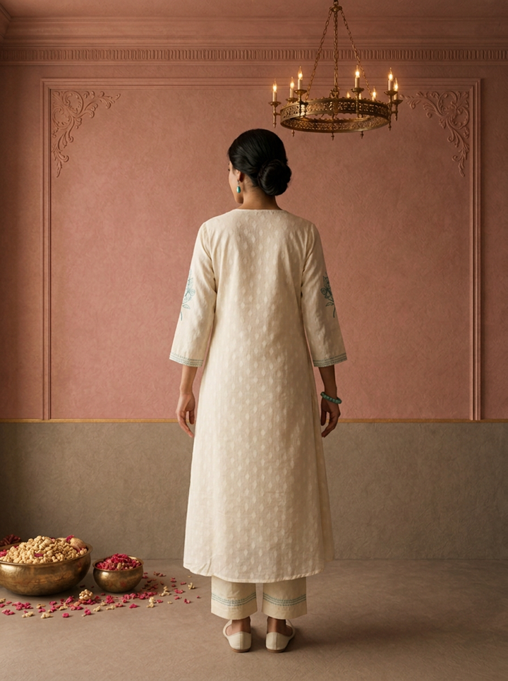 Cream Cotton Lily Floral Thread Embroidered Three Piece Set