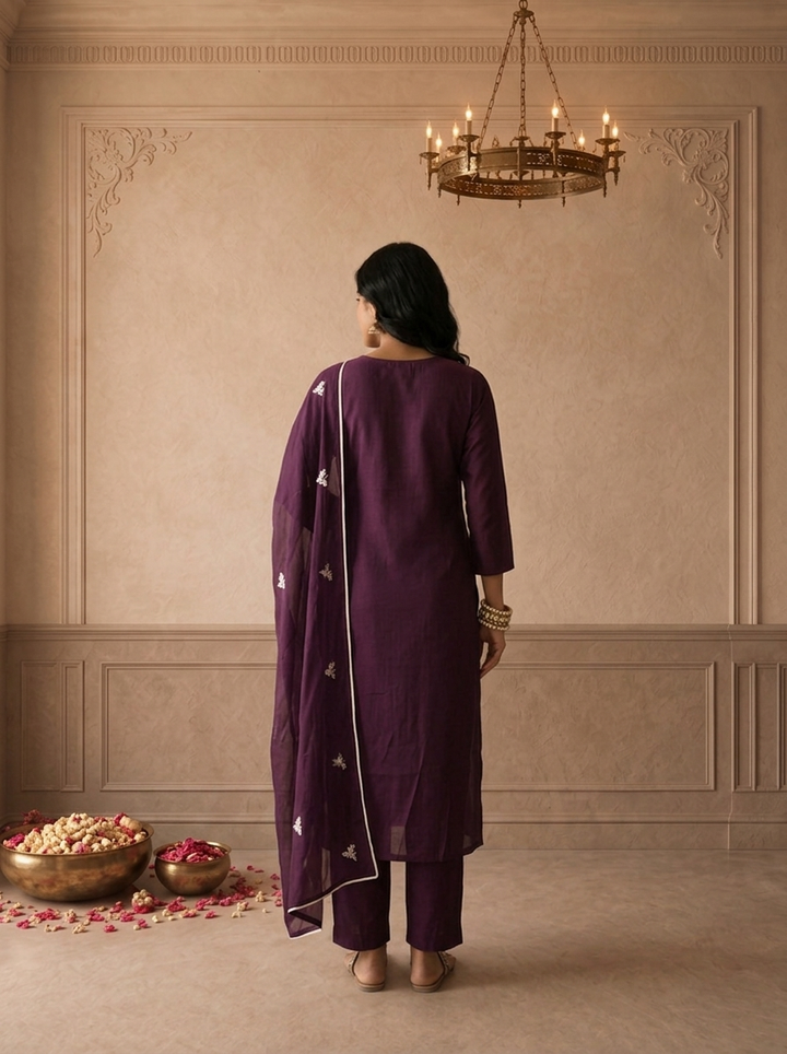 Wine Muslin Geometric Floral Embroidered Three Piece Set