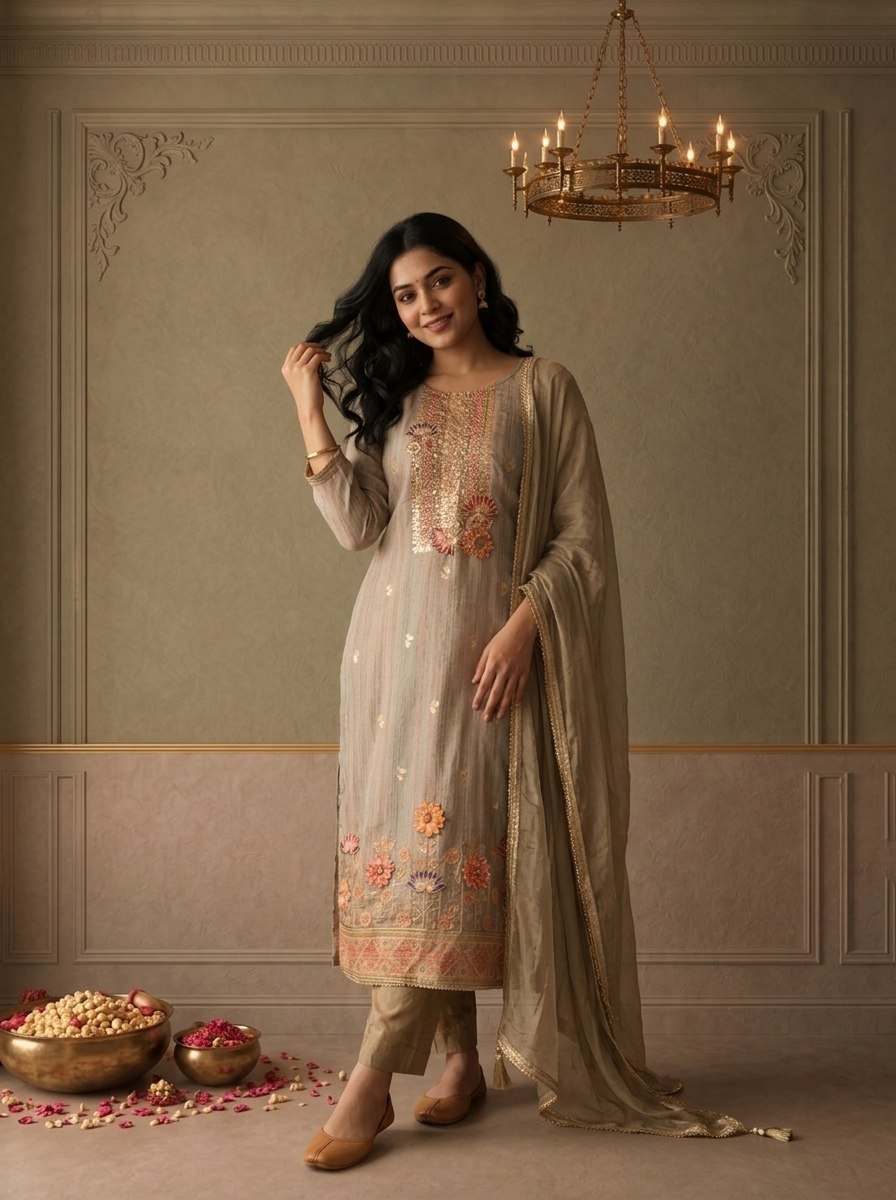 Beige Chanderi Multicolor Lotus Floral Weaved Three Piece Set