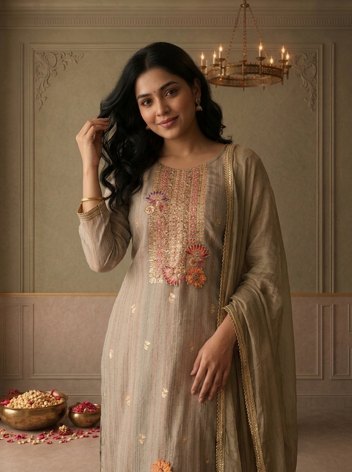 Beige Chanderi Multicolor Lotus Floral Weaved Three Piece Set