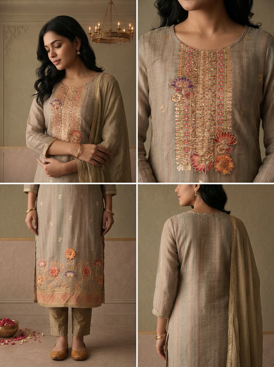 Beige Chanderi Multicolor Lotus Floral Weaved Three Piece Set